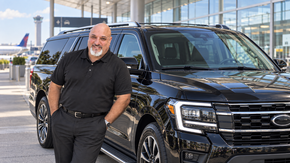 Joel of Flight Rides LLC beside a black Ford Expedition at an airport terminal