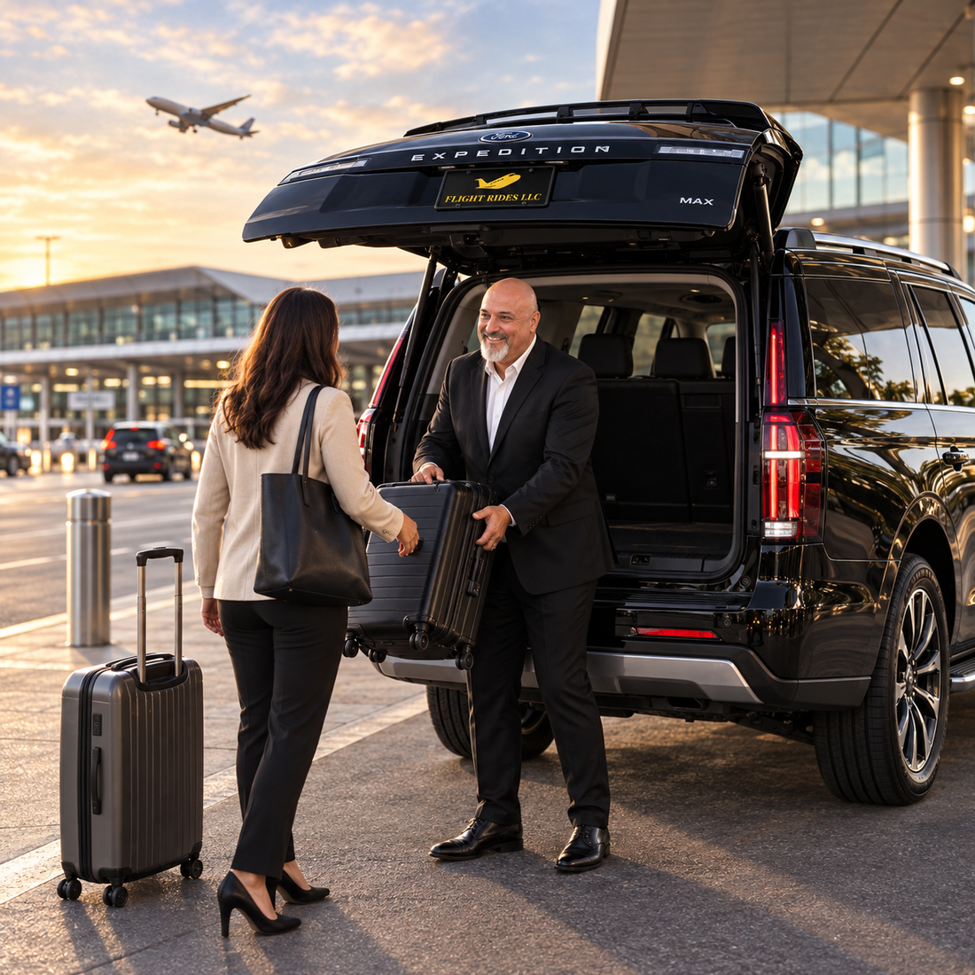 Joel of Flight Rides LLC greeting a traveler with luggage beside a black SUV at the airport