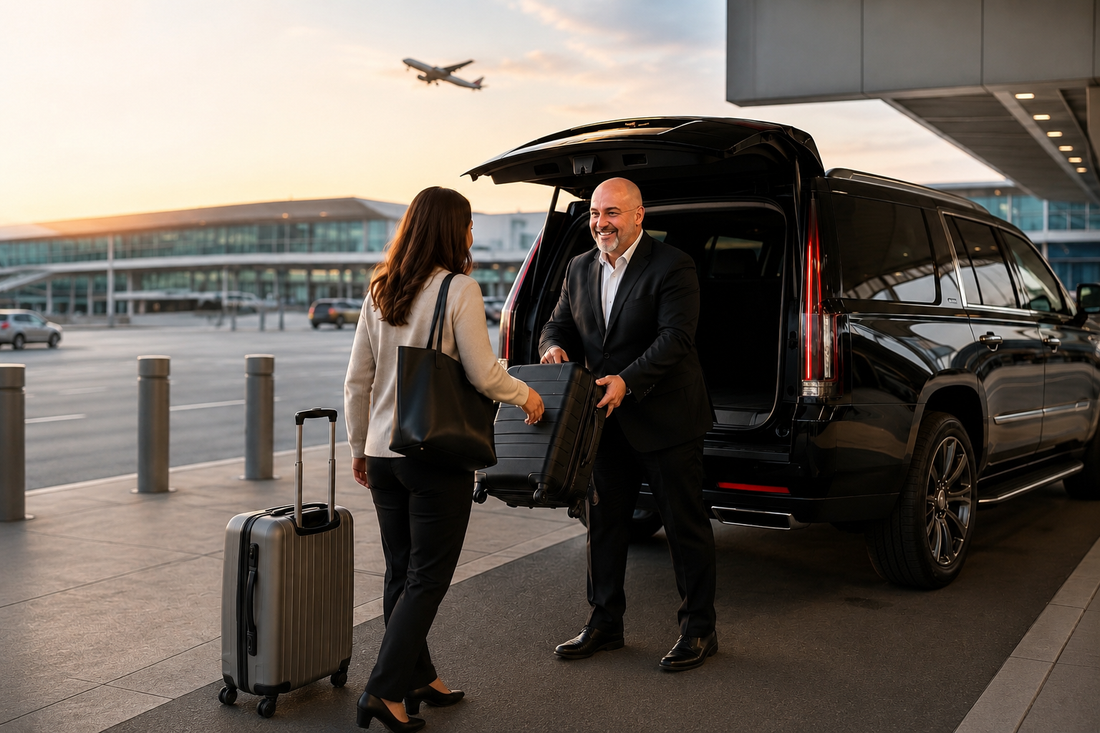 Private airport transportation with luggage assistance at an airport terminal