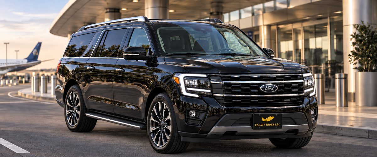 Black Ford Expedition Active Max providing private airport transportation at an airport terminal