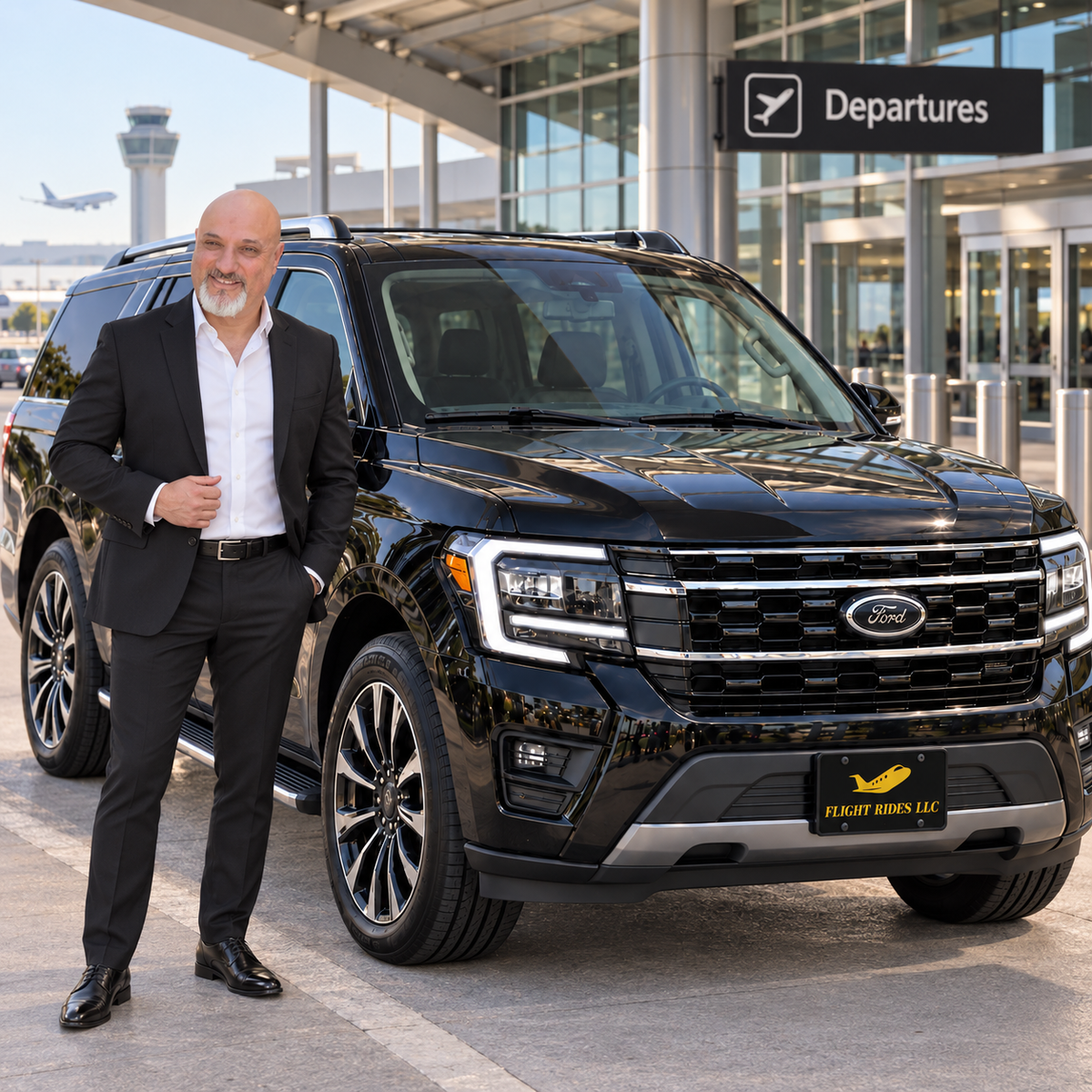 Joel of Flight Rides LLC beside a black Ford Expedition at an airport departures terminal