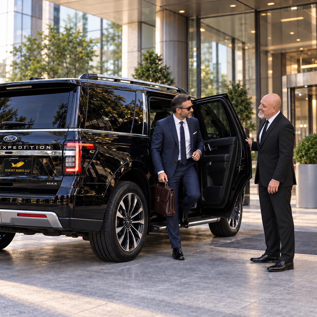 Joel of Flight Rides LLC welcoming an executive passenger beside a black Ford Expedition Active Max