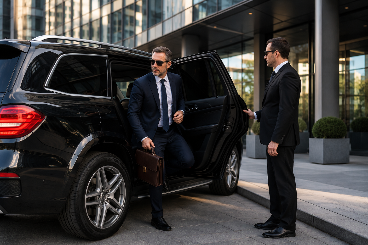 Executive passenger arriving by private SUV with professional driver outside a corporate office