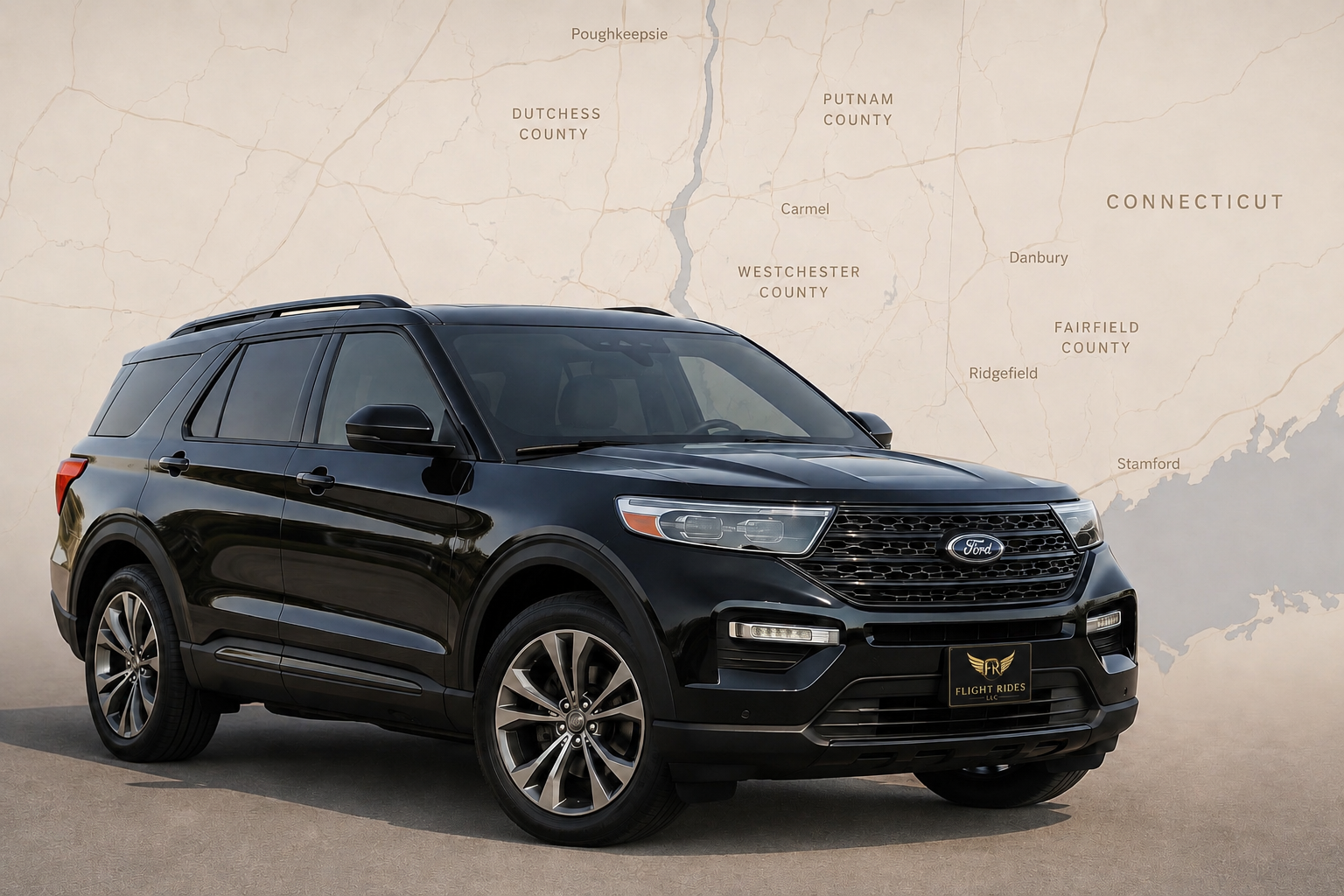 Flight Rides black SUV with service area map covering Putnam, Westchester, Dutchess and Fairfield counties