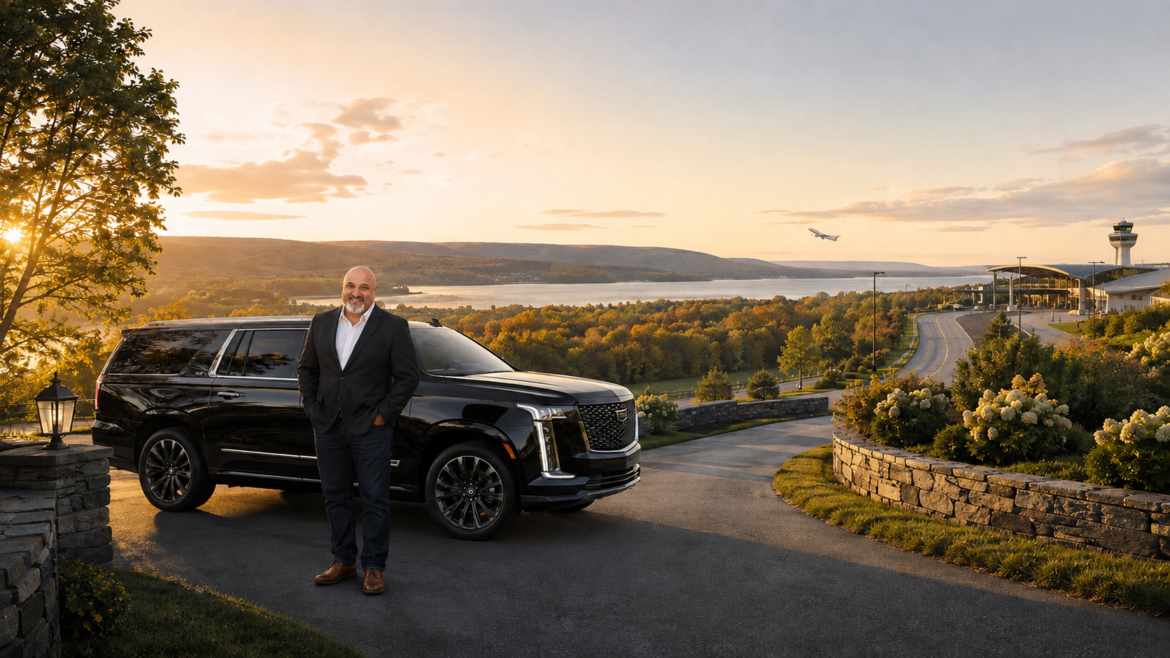 Joel with a Flight Rides luxury SUV overlooking the Hudson Valley near an airport